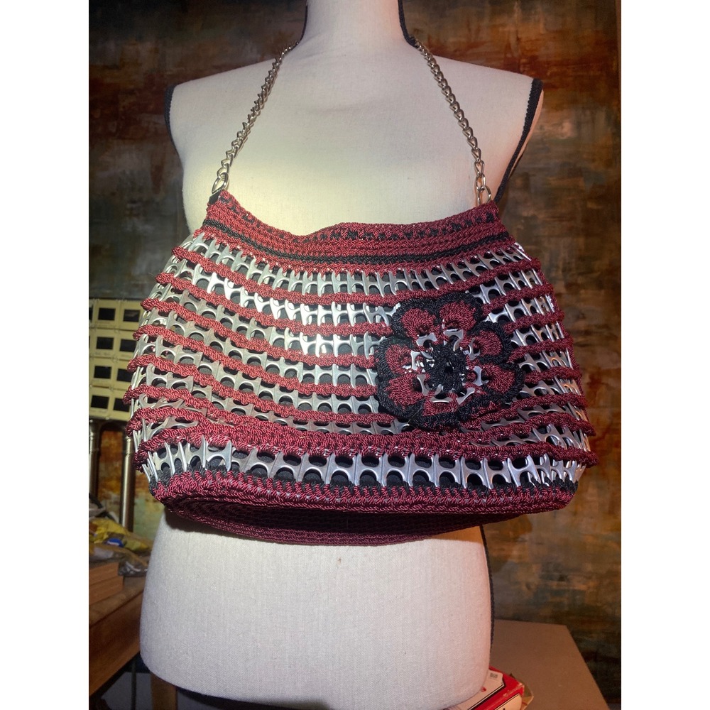 Handmade Upcycled Soda Pop Tab Crochet Shoulder Bag Burgundy Silver Chain‎ Strap